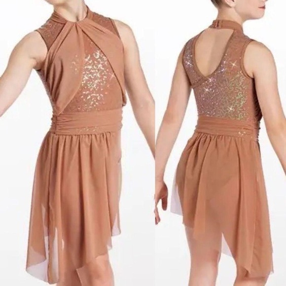 Weissman Dance Costume tan beige dress sequin mesh Hand In Hand 13443 LC - Picture 1 of 13